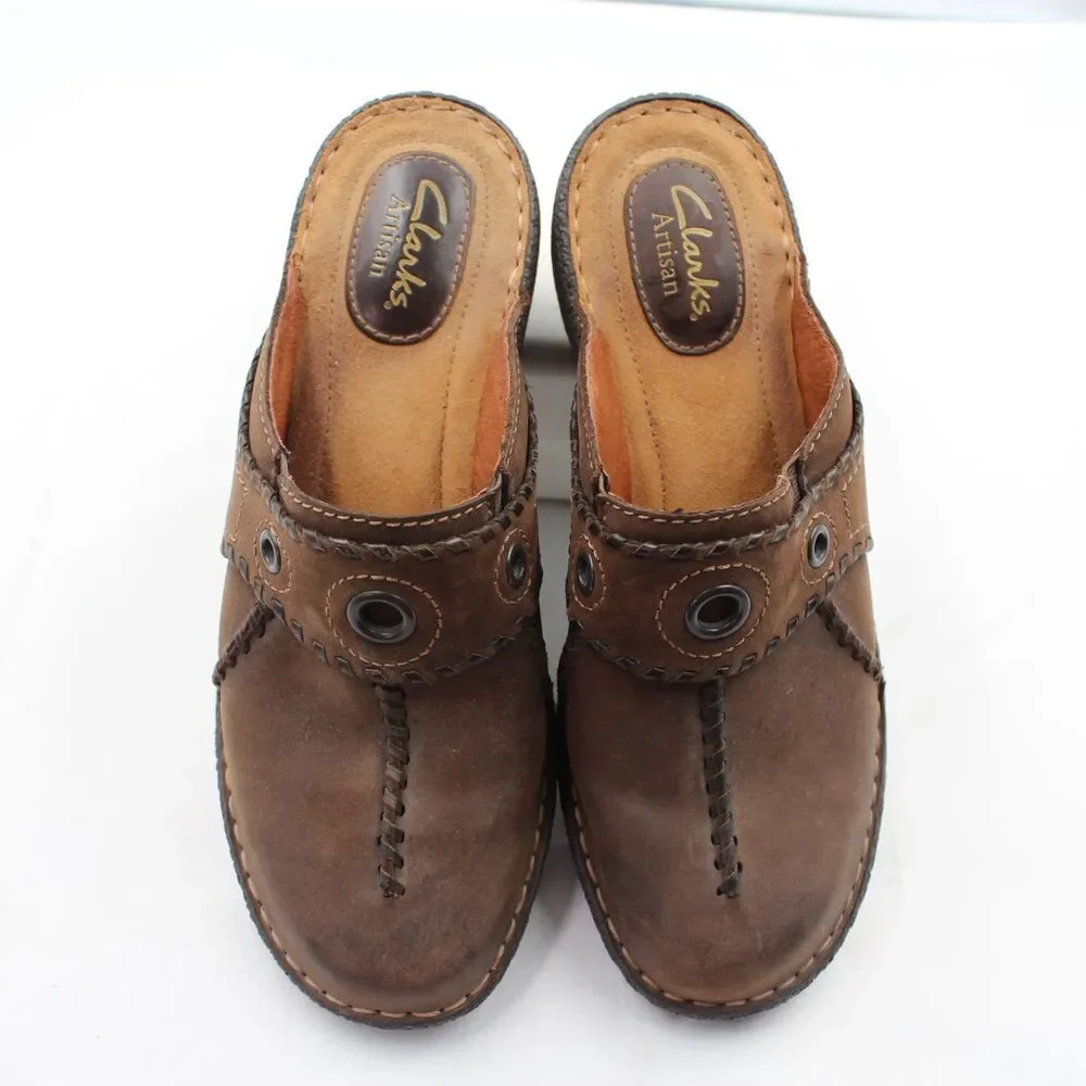 Clarks Artisan Women’s Size 7 Leather Slip-On Mules Clogs Comfort Shoes Brown